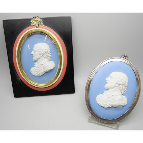 633 - Two Wedgwood blue jasper oval plaques of William Shakespeare in profile, both framed