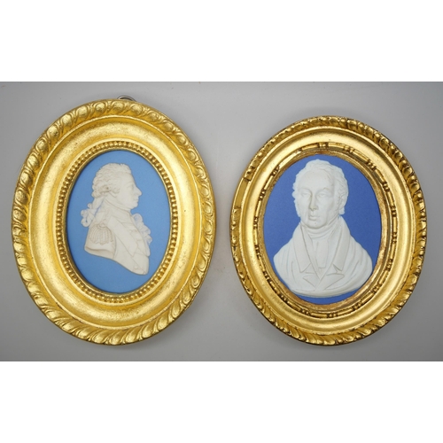 644 - Two Wedgwood blue jasper oval medallions, framed, The Earl Vincent and one other