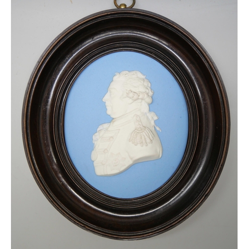 645 - Two Wedgwood blue jasper oval medallions, one framed, Adam Duncan 1st Viscount and 1st Viscount Kepp... 