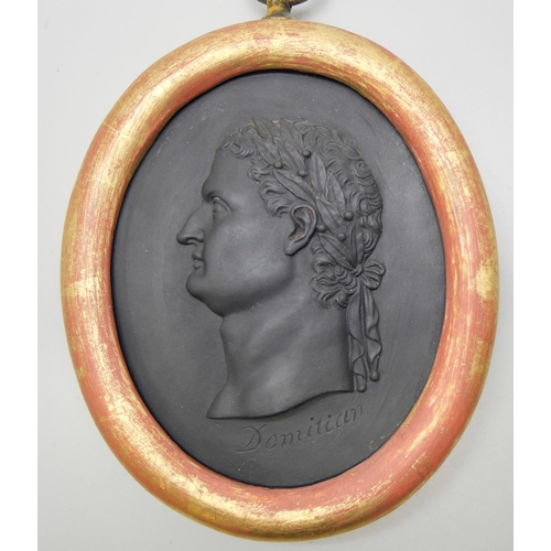 647 - A Wedgwood black basalt oval medallion, Domitian, Roman Emperor, in profile, framed