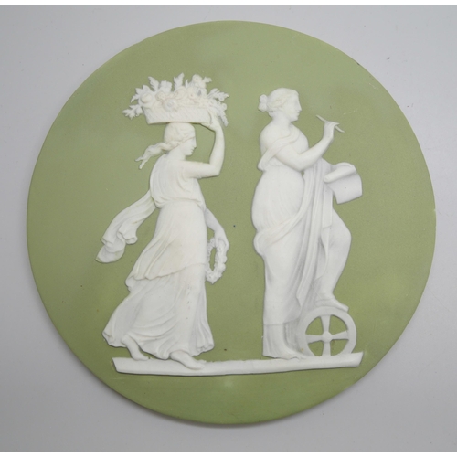 649 - Four Wedgwood green jasper plaques of classical maidens