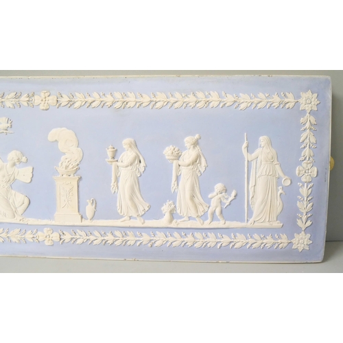 651 - A 19th Century blue and white jasper rectangular plaque, decorated with classical maidens, 46cm x 15... 