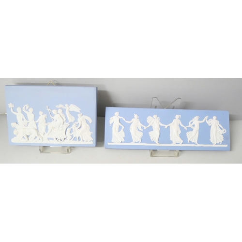 653 - Two Wedgwood blue jasper rectangular plaques, classical scenes