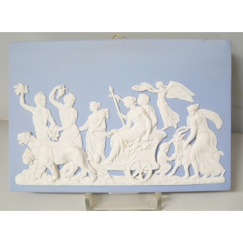 653 - Two Wedgwood blue jasper rectangular plaques, classical scenes