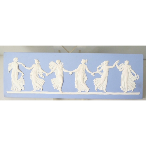 653 - Two Wedgwood blue jasper rectangular plaques, classical scenes