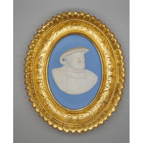 655 - A Wedgwood blue and white oval medallion, Henry VIII, a/f in a gilded frame