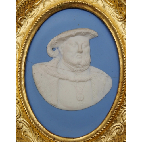 655 - A Wedgwood blue and white oval medallion, Henry VIII, a/f in a gilded frame