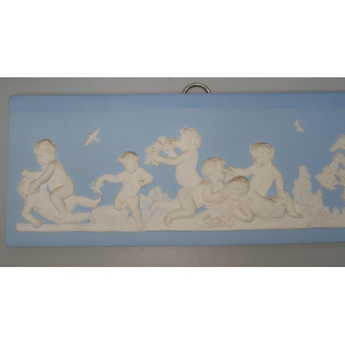 659 - Two 19th Century Wedgwood jasper rectangular plaques of cherubs eating bunches of grapes amongst bir... 