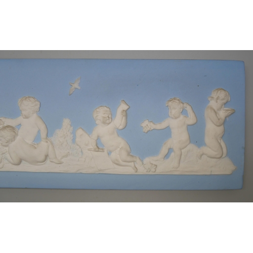 659 - Two 19th Century Wedgwood jasper rectangular plaques of cherubs eating bunches of grapes amongst bir... 