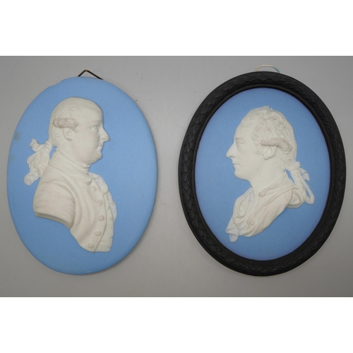 660 - Two Wedgwood blue jasper oval medallions, Mr Wyatt and one other, in profile