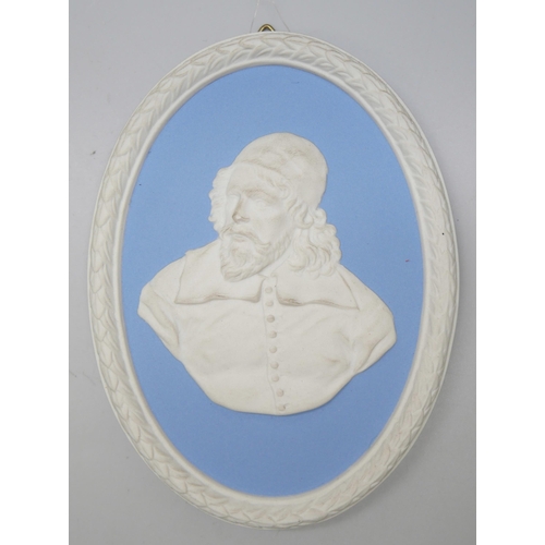 670 - Three Wedgwood blue jasper oval portrait plaques/medallions, including Indigo Jones and George Stubb... 