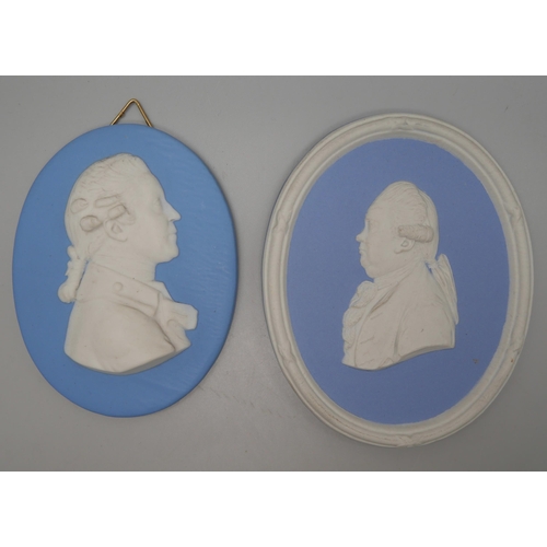 672 - Two 19th Century Wedgwood jasper medallions, Edward Gibbon, English historian and one other in profi... 