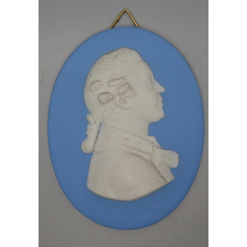 672 - Two 19th Century Wedgwood jasper medallions, Edward Gibbon, English historian and one other in profi... 