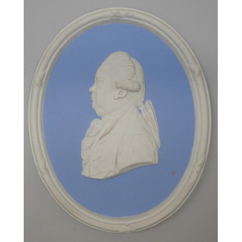 672 - Two 19th Century Wedgwood jasper medallions, Edward Gibbon, English historian and one other in profi... 