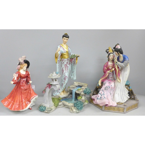 Two Franklin Mint figures, Mariko and limited edition Sisters of Spring, mirror detached, and a Royal Doulton figure, Patricia, (Mariko a/f, lacking bird and with some small chips)