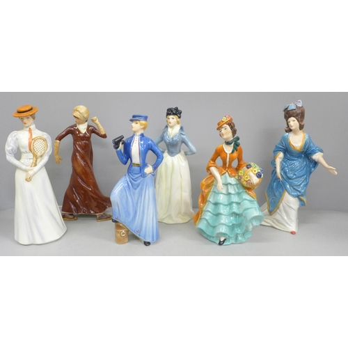 687 - Six Goebel porcelain figures, Center Court, The Viscountes Diana, Gentle Breezes, Skimming Gently an... 