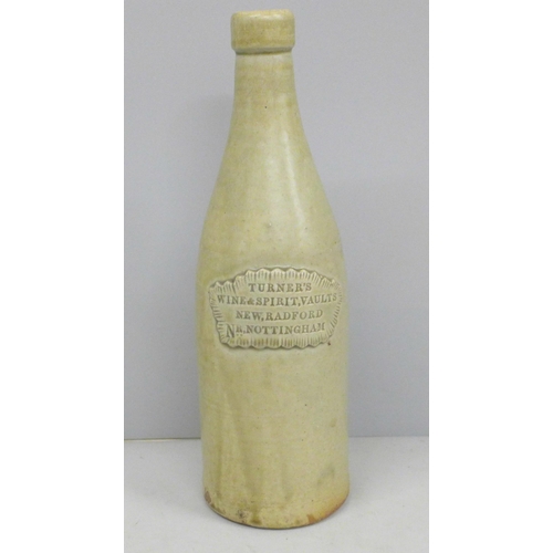 688 - A slab seal stoneware porter bottle impressed, 'Turner’s Wine & Spirit Vaults, New Radford, Nr. Nott... 