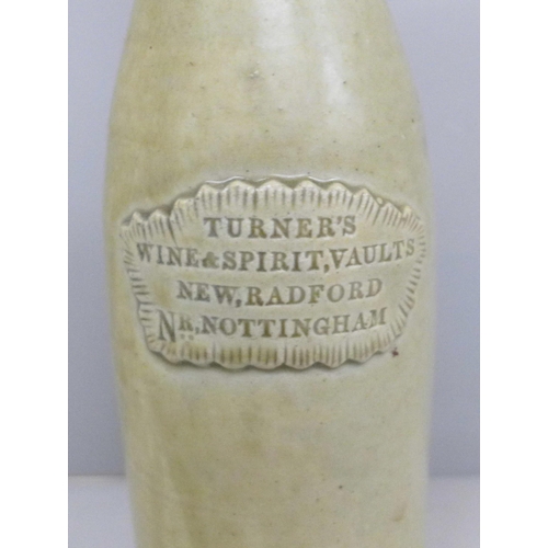 688 - A slab seal stoneware porter bottle impressed, 'Turner’s Wine & Spirit Vaults, New Radford, Nr. Nott... 