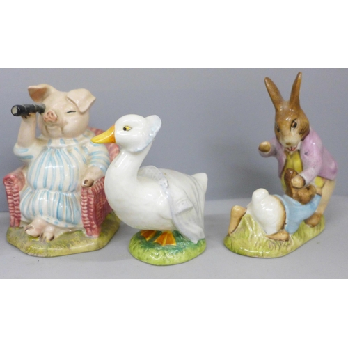 698 - Six Beswick Beatrix Potter figures including Mrs Rabbit with Bunnies, Little Black Rabbit and Cousin... 