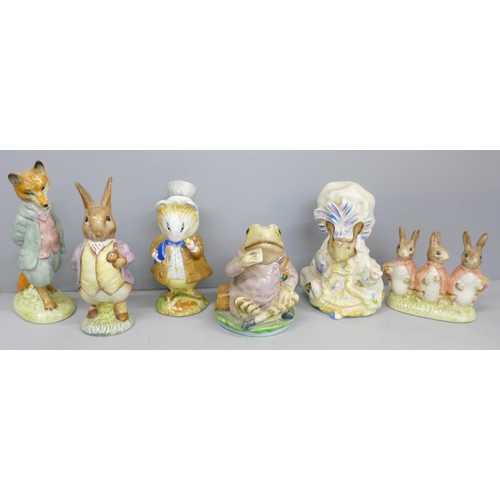 705 - Six Beswick Beatrix Potter figures, Jeremy Fisher, Flopsy, Mopsy & Cottontail, Mr Benjamin Bunny, Am... 