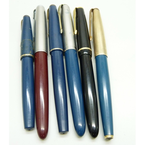 723 - Six Parker pens, Junior and 65 with 14ct gold nibs and four with hooded nibs including ‘17’ and ‘17’... 