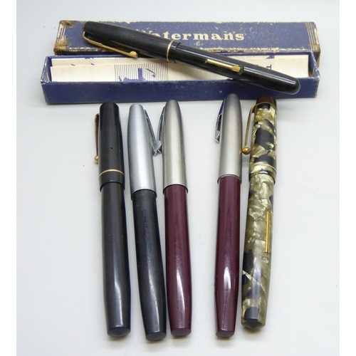 724 - Three Sheaffer pens, a Summit fountain pen, a boxed Watermans fountain pen with 14ct gold nib and a ... 