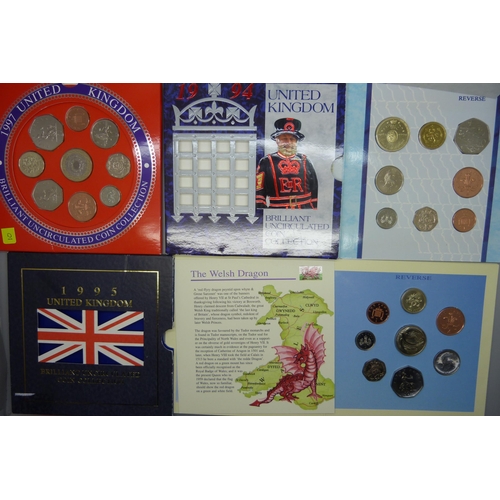 725 - Three Royal Mint UK Brilliant uncirculated coin collections, 1994, 1995 and 1997