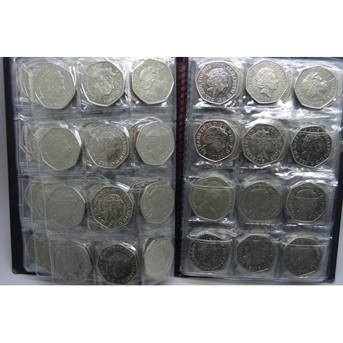 728 - A collection of coins in presentation folder including approximately 90 50p pieces, 20p and 5p