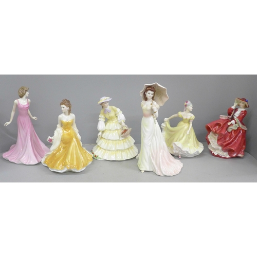 731 - Six figures; Royal Doulton Top O’ The Hill, Royal Worcester Golden Wedding Anniversary and four othe... 