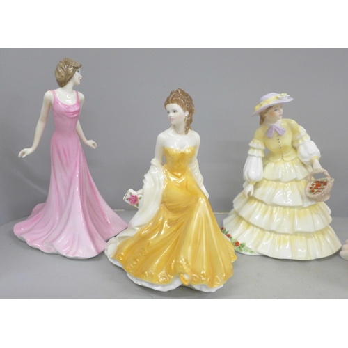 731 - Six figures; Royal Doulton Top O’ The Hill, Royal Worcester Golden Wedding Anniversary and four othe... 