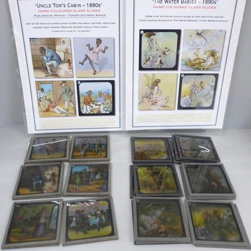 737 - Two sets of hand-coloured glass slides of children's book illustrations circa 1890, The Water Babies... 