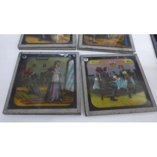 737 - Two sets of hand-coloured glass slides of children's book illustrations circa 1890, The Water Babies... 