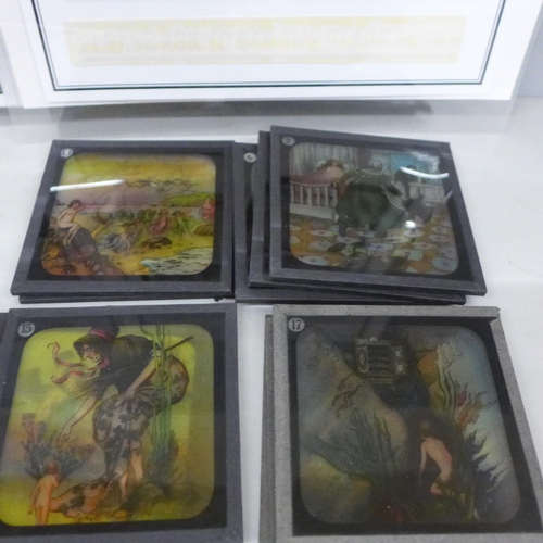 737 - Two sets of hand-coloured glass slides of children's book illustrations circa 1890, The Water Babies... 