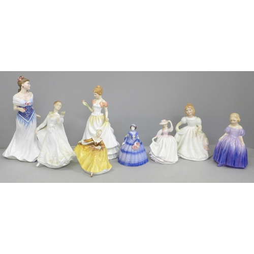 743 - Seven Royal Doulton figures including For You and Marie, and a Coalport figure