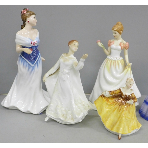 743 - Seven Royal Doulton figures including For You and Marie, and a Coalport figure