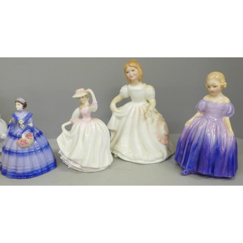 743 - Seven Royal Doulton figures including For You and Marie, and a Coalport figure