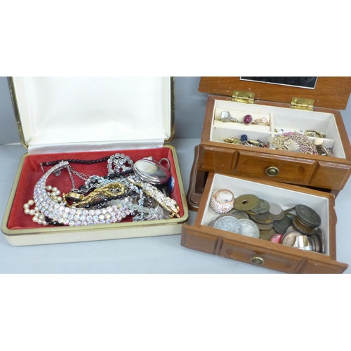 747 - Two jewellery boxes with costume jewellery and coins