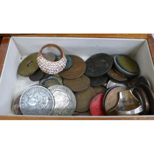 747 - Two jewellery boxes with costume jewellery and coins