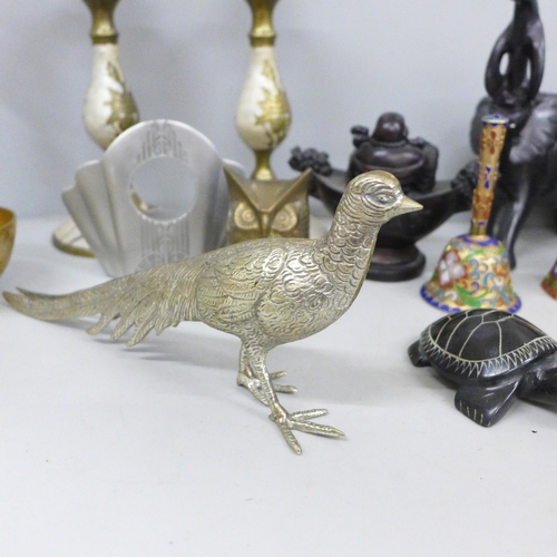 774 - A novelty bird bath dish, three enamelled bells, a carved turtle, Buddha figure, etc.