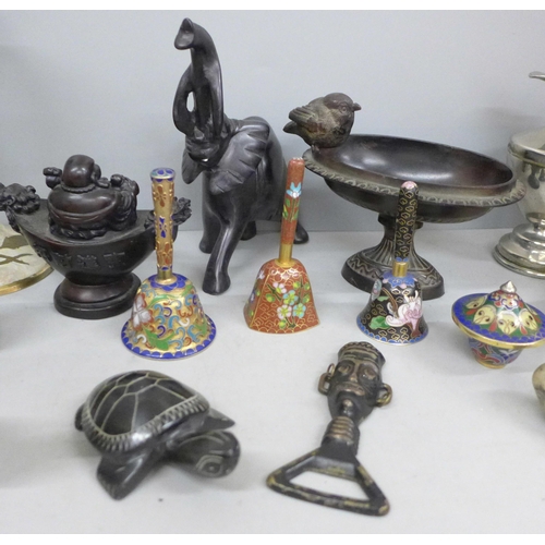 774 - A novelty bird bath dish, three enamelled bells, a carved turtle, Buddha figure, etc.