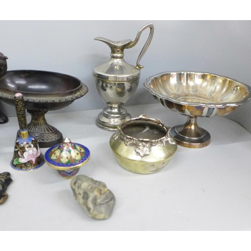 774 - A novelty bird bath dish, three enamelled bells, a carved turtle, Buddha figure, etc.