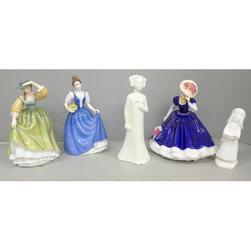 775 - Four Royal Doulton figures and a Royal Worcester figure, boxed