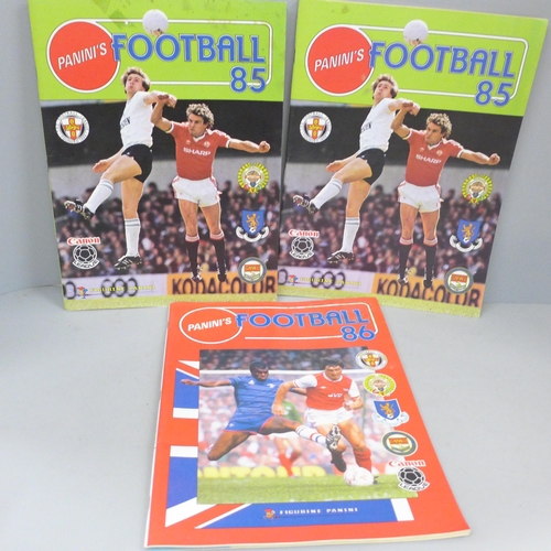 782 - Three Panini Football sticker albums, 2x ‘85 and one ‘86, all empty, unused