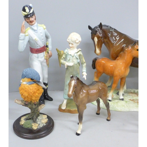 783 - A collection of figures; Royal Doulton 'Morning Ma'am', Royal Worcester The Parakeet, a/f, two Swaro... 