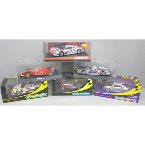 792 - Six slot car model motor racing cars, five Scalextric, Caterham, Audi TT, Porsche GT3, Mercedes CLK ... 