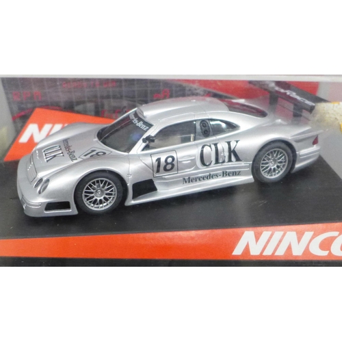 792 - Six slot car model motor racing cars, five Scalextric, Caterham, Audi TT, Porsche GT3, Mercedes CLK ... 