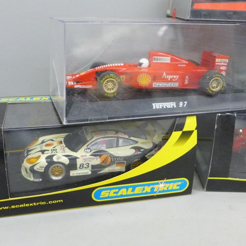 792 - Six slot car model motor racing cars, five Scalextric, Caterham, Audi TT, Porsche GT3, Mercedes CLK ... 