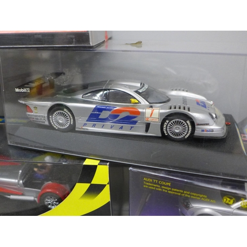 792 - Six slot car model motor racing cars, five Scalextric, Caterham, Audi TT, Porsche GT3, Mercedes CLK ... 