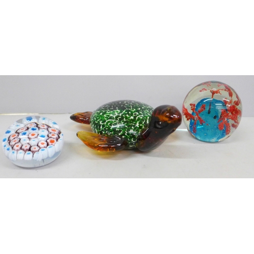 794 - A Juliana Collection glass model of a turtle, boxed, and two glass paperweights