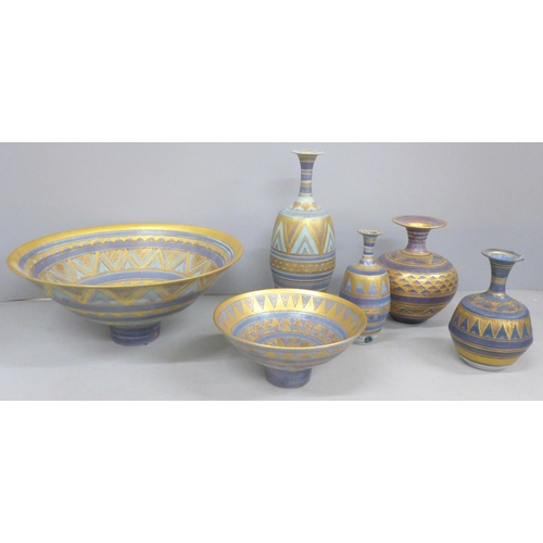 803 - Six items of Mary Rich Studio Art china, two vases chipped on the rim